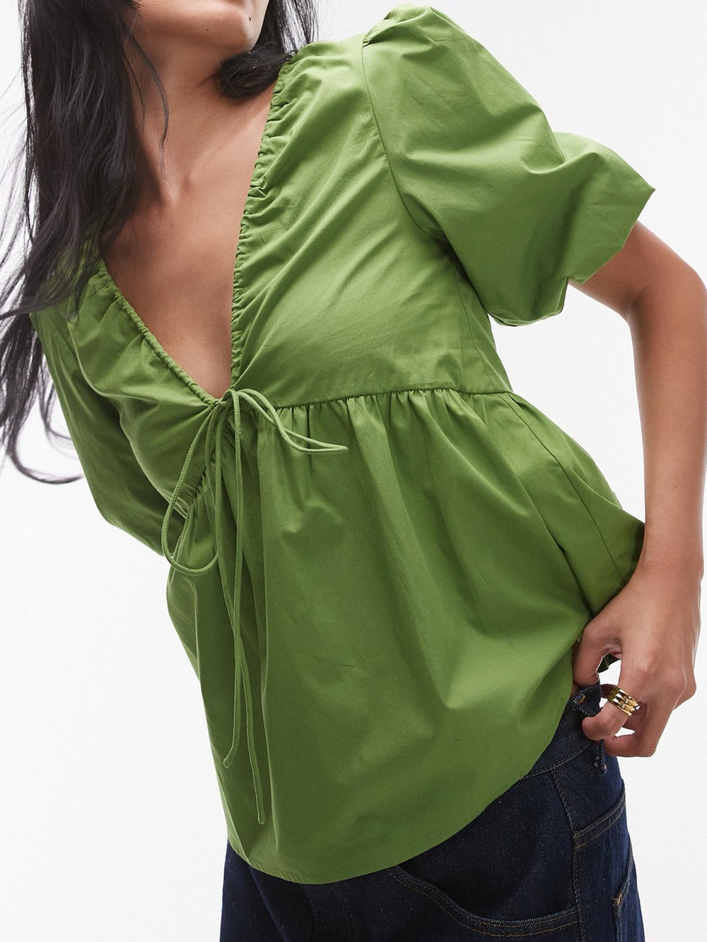 Topshop Poplin Puff Sleeve Top Green Deep V-Neck 100% Cotton Size US 10 NWT